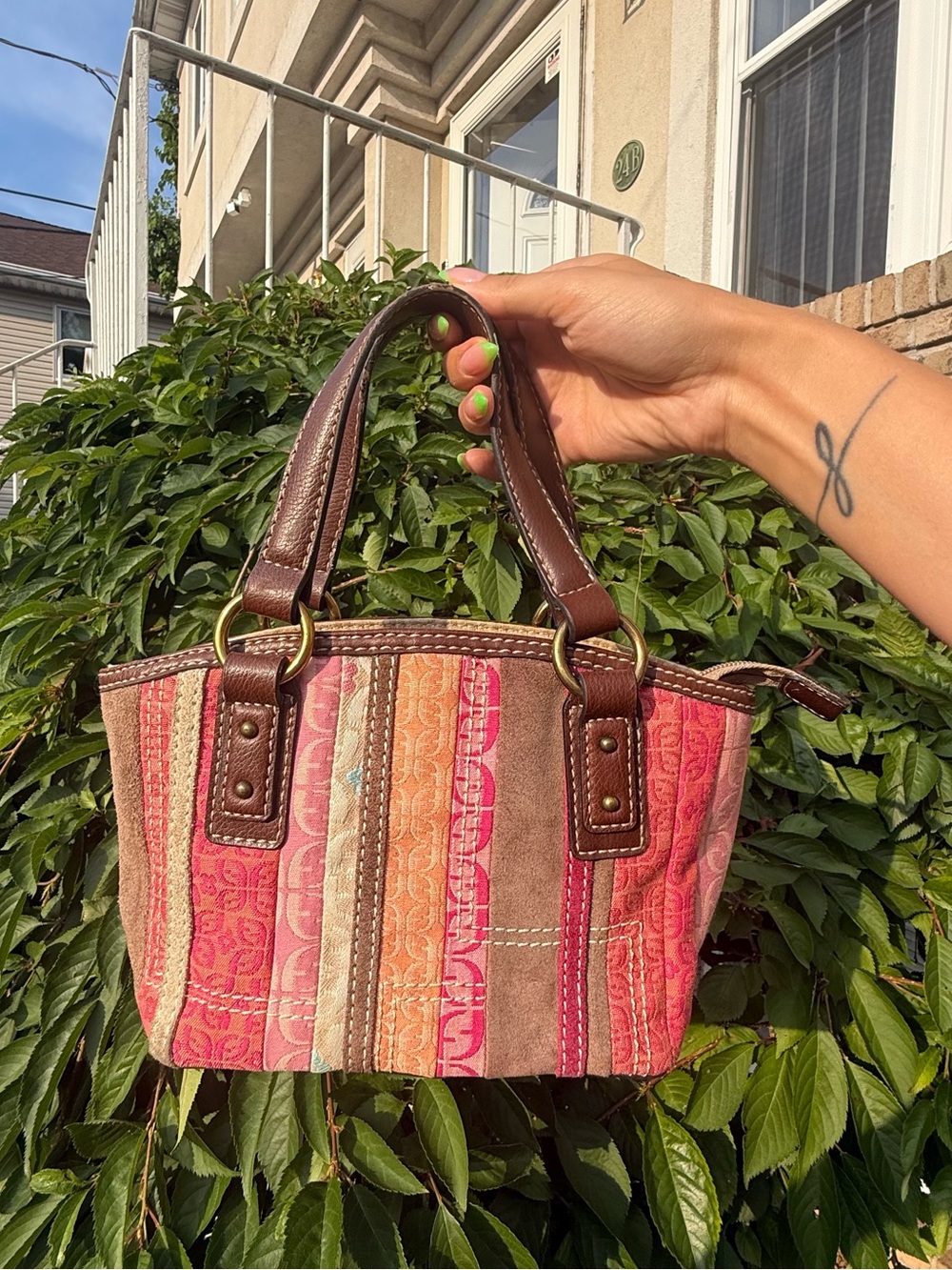 Vintage Y2K Fossil Signature Pink Patchwork Shoulder Bag Baguette Purse Leather